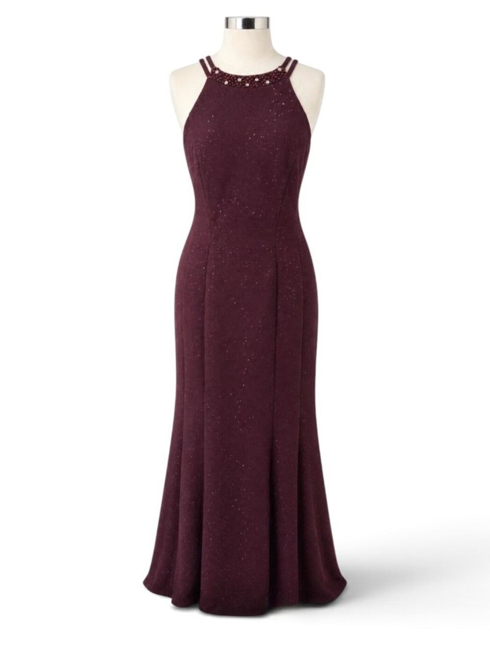 Nightway Beaded Halter Sparkle Mermaid Gown Plum Burgundy Wine Size 14 NWT